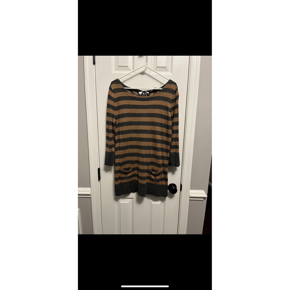 Women Grey & Brown Striped sweater dress. Wool Cotton Blend 2 front pockets L